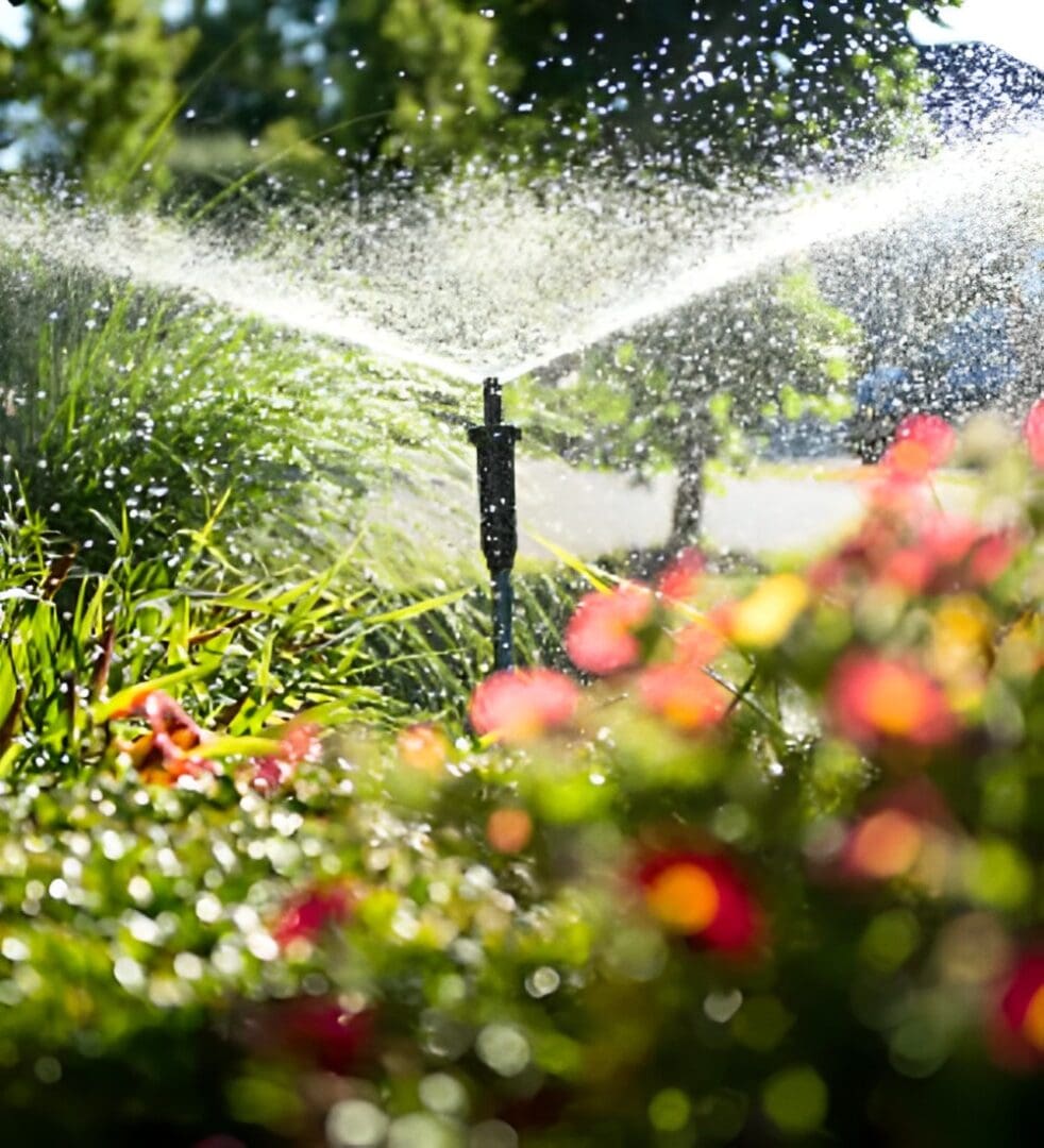 A garden with flowers and water spraying from it.