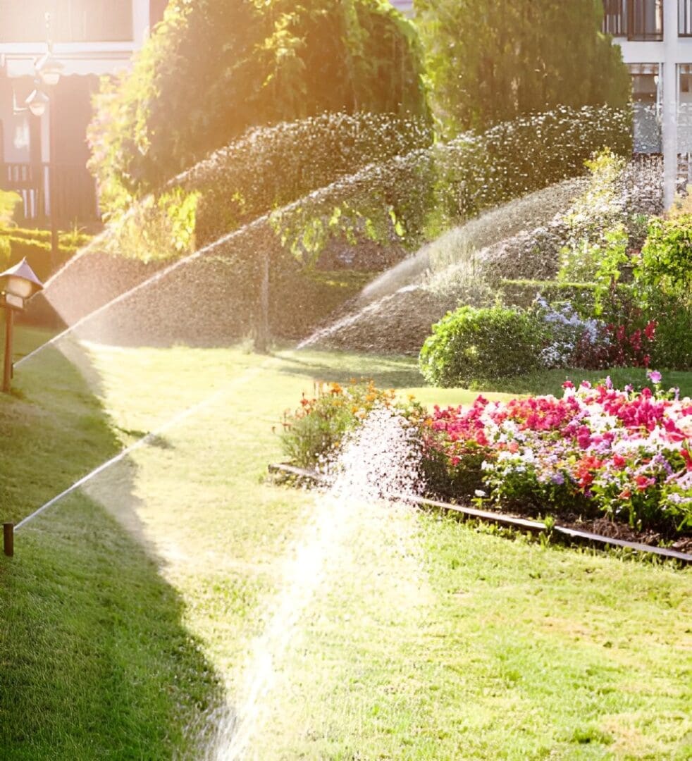 A garden with sprinklers spraying water on the ground.